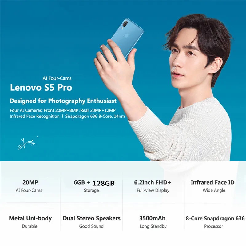 Мобильный телефон lenovo S5 Pro, 6 ГБ, 128 ГБ, 20 МП, четыре камеры, 6,2 дюймов, четыре ядра, 3500 мАч, аккумулятор, отпечаток пальца, 4G, LTE, смартфон