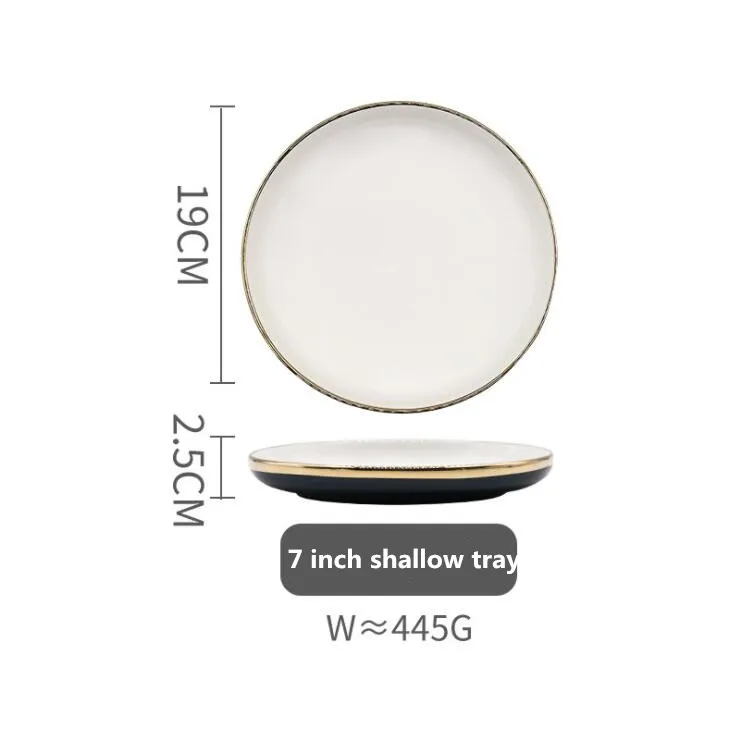 19 cm Shallow tray Синяя Керамическая обеденная тарелка с золотым краем, кухонная тарелка, набор посуды, роскошный Западный поднос, ГОВЯЖЬЯ десертная тарелка, блюдо для торта, ложка, миска, 1 шт - Цвет: 19 cm Shallow tray