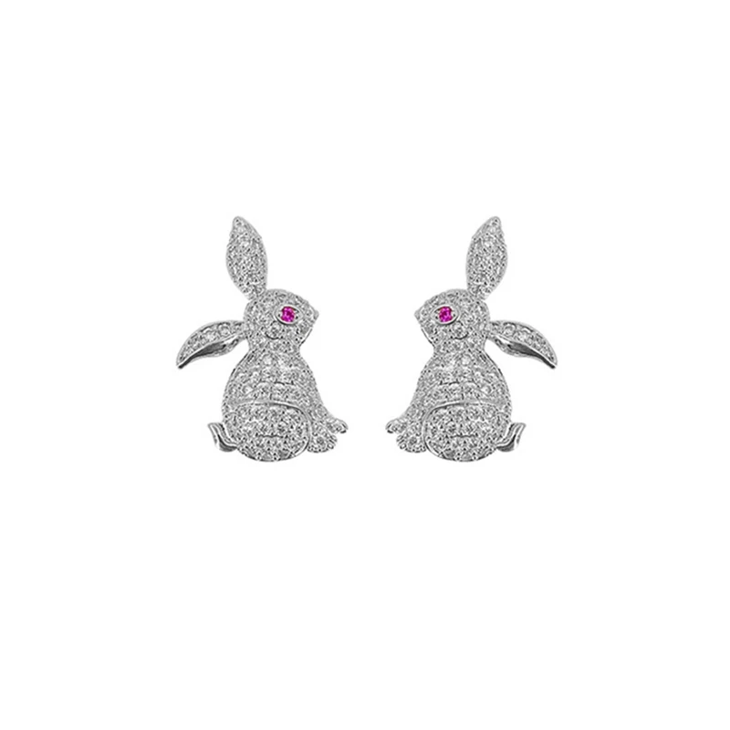 Серебряные серьги гвоздики в форме кроликов с и кристаллами пасхальные модные