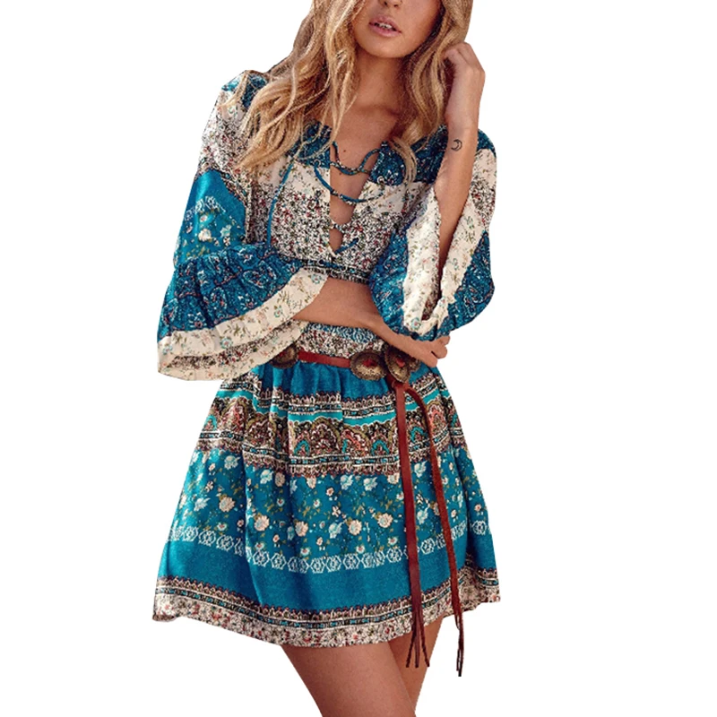 Women Dress Flower Floral Print Bohemian Mini Vestido Wrist Flare Sleeve Vintage Boho Casual Spring Autumn | Женская одежда