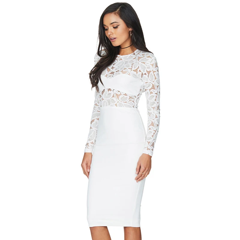 Весна осень sexy dress длинным рукавом vestido де феста bodycon vestidos midi партии белый черный