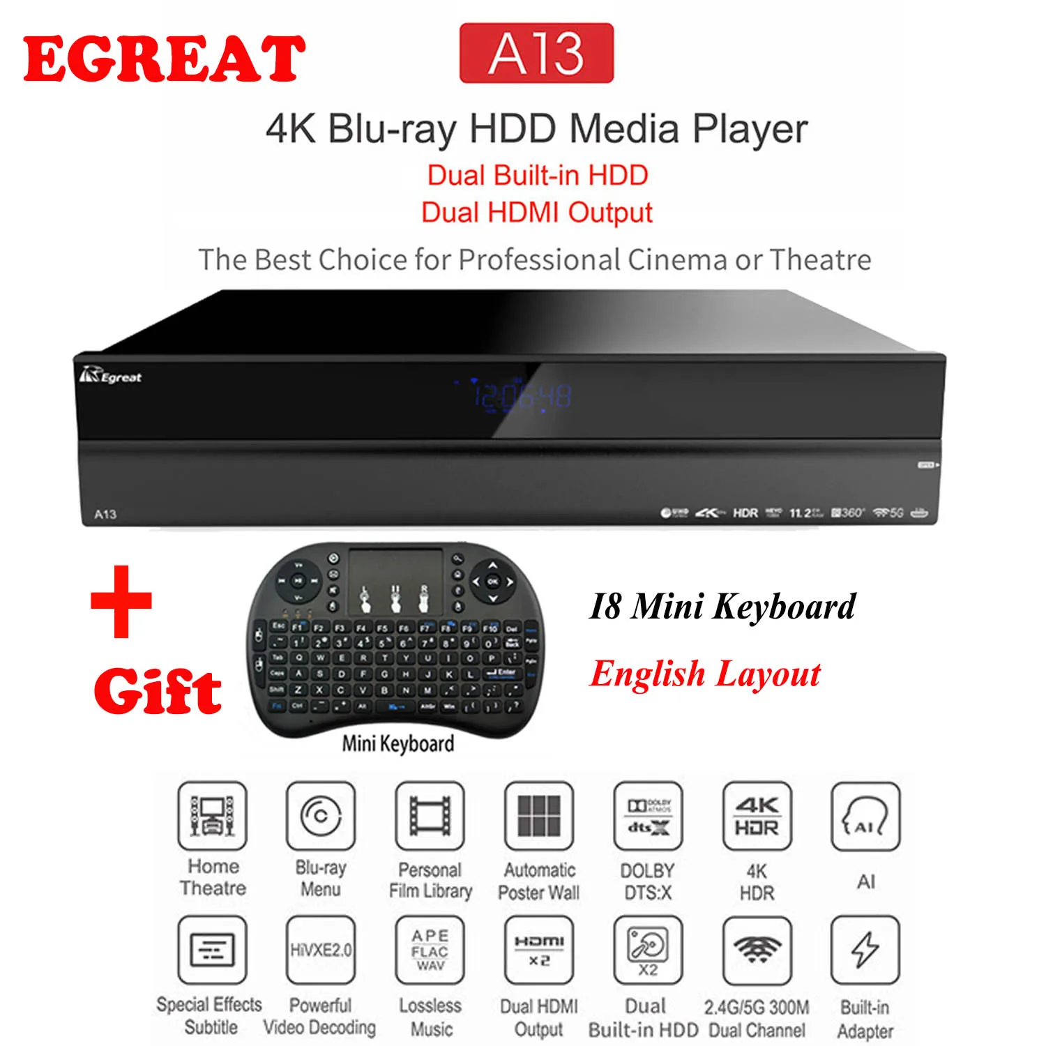 Высококлассный Egreat A13 4K Ultra HD Смарт медиаплеер Android tv Box BT4.0 2,4G/5G WiFi с 2 3,5 дюймовым HDD Лоток+ I8 Клавиатура