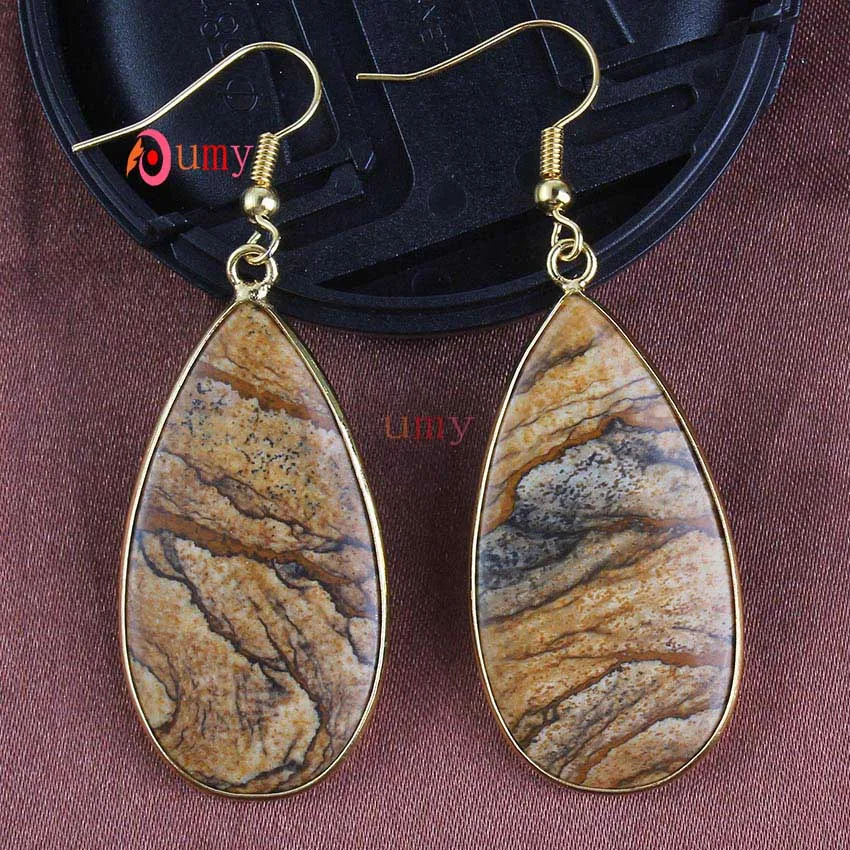 Picture Stone Светильник из крафт-бусин, цвета желтого золота, смешанный кварцевый камень, элегантный стиль, серьги-капли в виде слезы ангела для женщин, дизайнерские ювелирные изделия - Окраска металла: Picture Stone