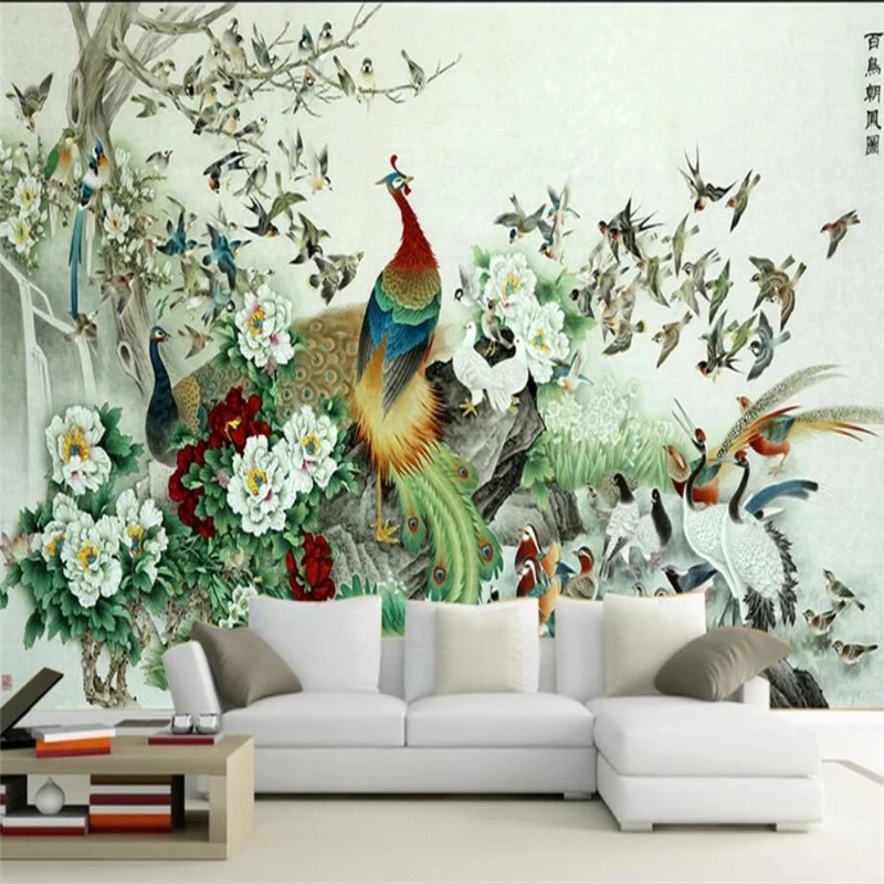 

wellyu Hundred birds Chaofeng Figure Gong Chinese painting Chinese style wall custom large mural green wallpaper