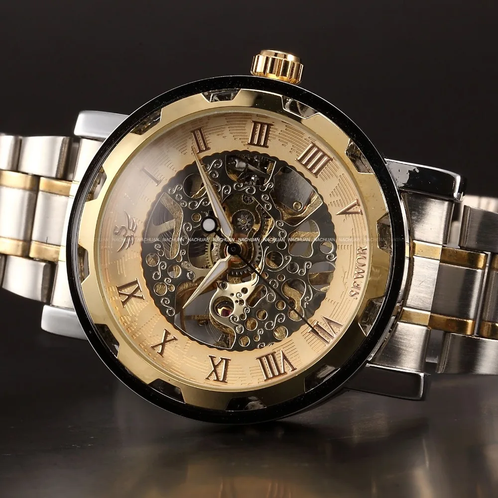 SEWOR Men Gold Black Skeleton Dial Clock Stainless Steel Strap Montre Homme Casual Mechanical Watch Mens Military Wristwatches | Наручные