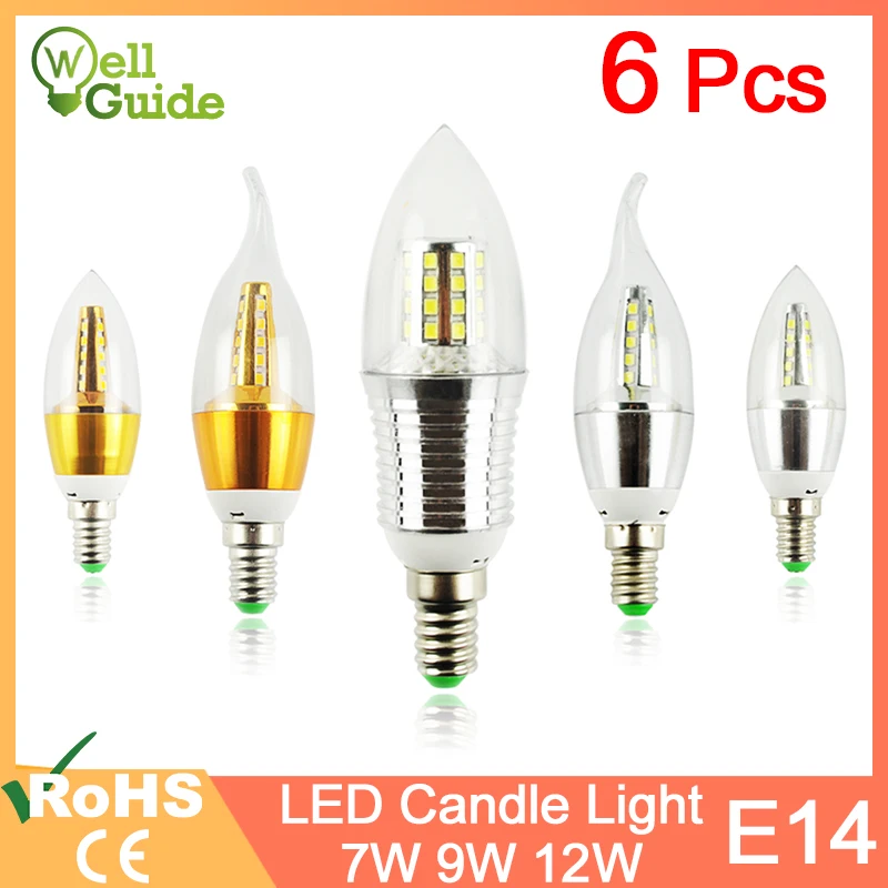 1Pcs/6Pcs LED Bulb E14 Golden Aluminum Candle 9W 12W Light AC 220V Warm Led Lamp Lampada Bombillas Lumiere Lampara | Лампы и освещение