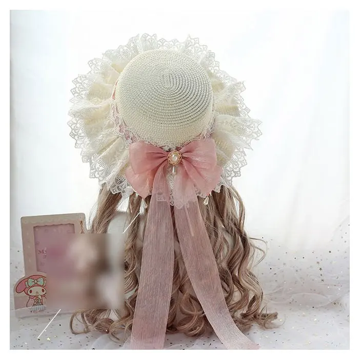 Light Pink Сладкий Лолита Соломенная Панама Mori Girl шапки с кружевом и бантом пляжная летняя шляпа - Цвет: Light Pink