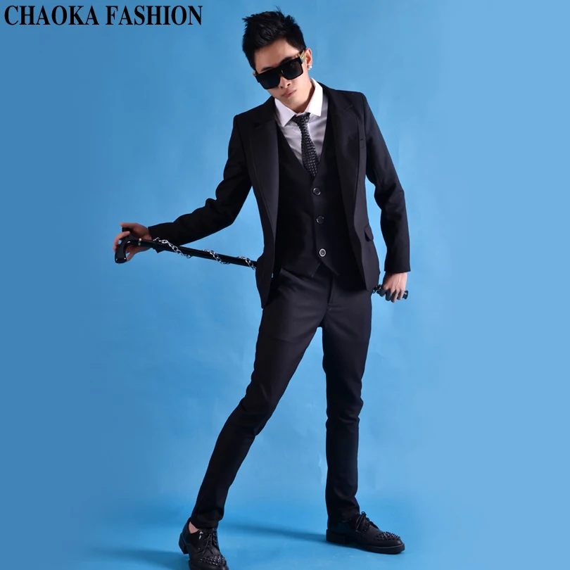 

M-6XL! Classic black cool chic suit with hair night club Dj singer stage suit.