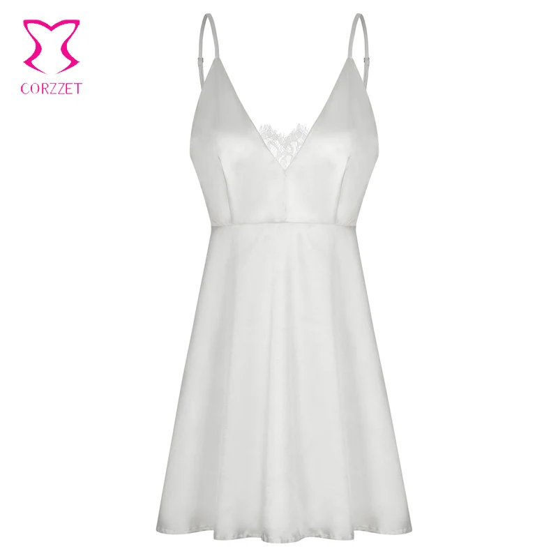 Женское ночное платье летнее из белого кружева и атласа на тонких бретелях с V-образным вырезом и открытой спиной, сексуальное нижнее белье для сна в виде "бебидолл", ночная рубашка, ночная сорочка, ночная одежда.