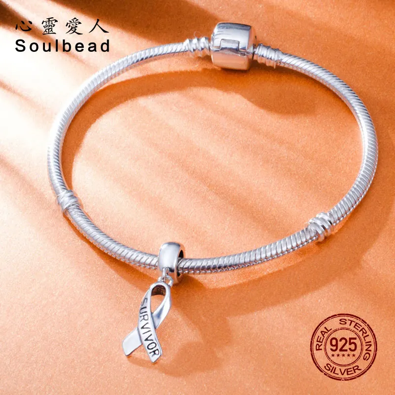 Soulbead 925 Sterling Silver Cancer Awareness SURVIVOR Ribbon Charms Fit Original DIY Pendant Beads Women Gifts | Украшения и