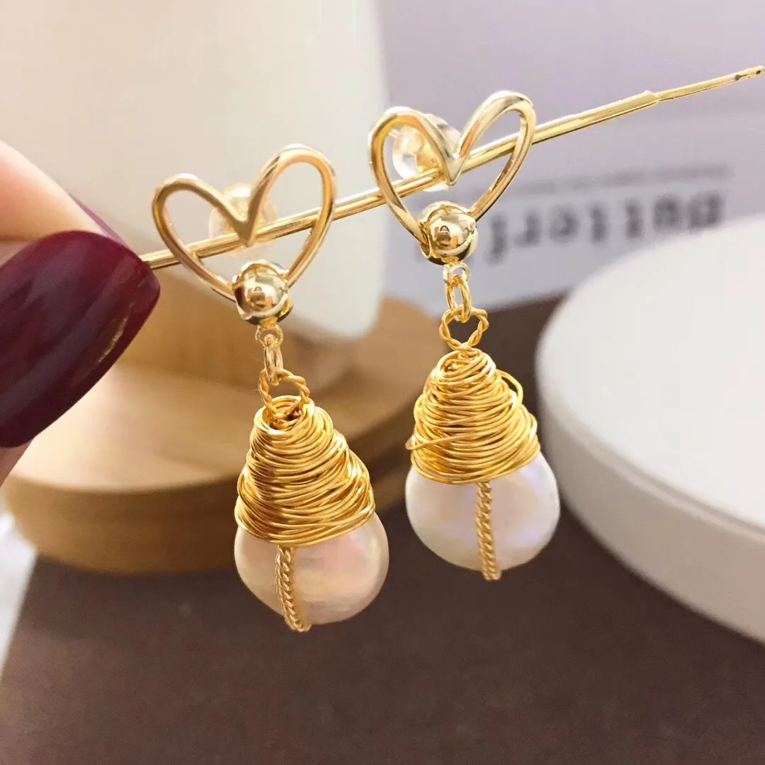 Серьги-подвески Yuaner 14K из золотого сплава в форме сердца натуральная пуговица