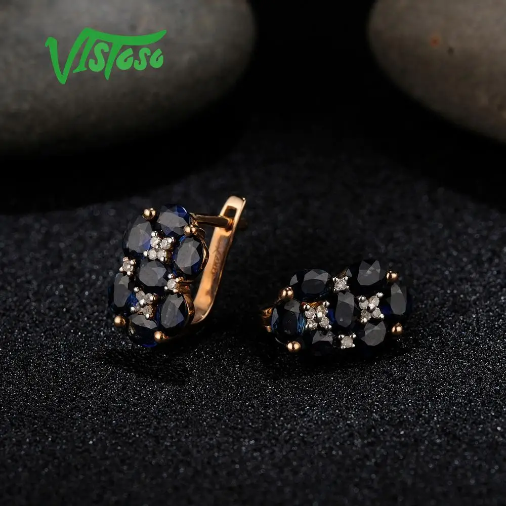 VISTOSO золотые серьги для женщин 14K 585 розовое золото блестящий синий сапфировый бриллиант обручальное кольцо для помолвки Роскошные модные ювелирные изделия