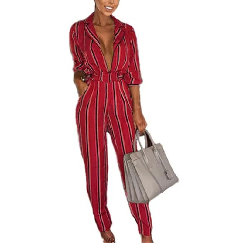 fashion striped printed jumpsuits for women 2018 turn down collar long rompers womens jumpsuit autumn new overalls femininos | Женская