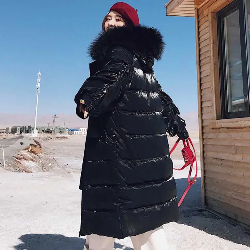 Женские корейские зимние длинные куртки с капюшоном пальто из плотного бархата