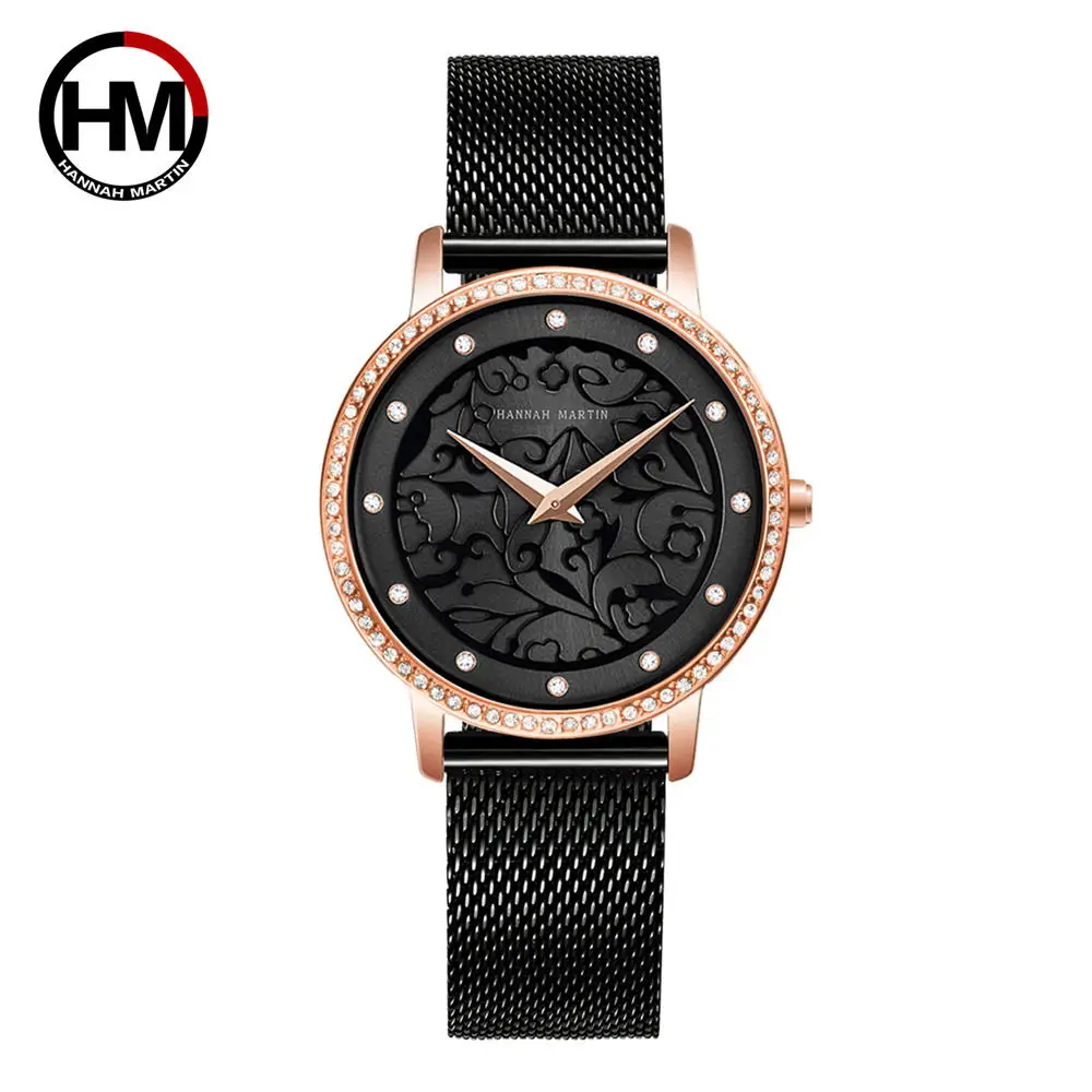 HM-1073-BLACK Женские часы, простые, модные, с 3D гравировкой, японские кварцевые наручные часы, водонепроницаемые, ins, топ, люксовый бренд, водонепроницаемые, Relogio Feminio - Цвет: HM-1073-BLACK