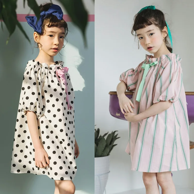 lantern sleeve dot loose kids party dress for girls cotton bow baby dresses clothing summer 2018 princess clothes | Детская одежда и
