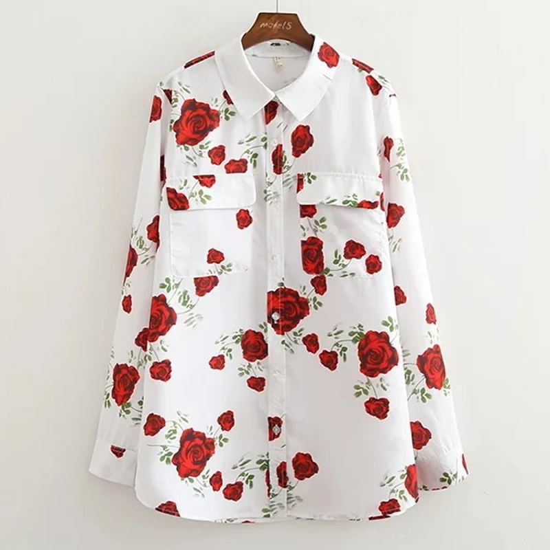 2017 весенние модные женские туфли принт с красными розами блузки длинными