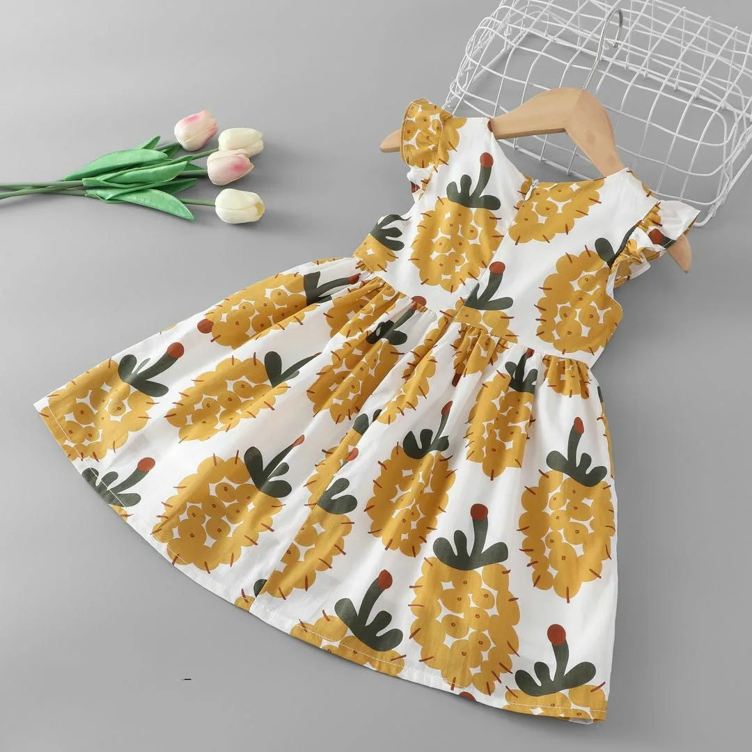 2019 Summer New Children's Pineapple Printing Dress Flutter Sleeve Wholesale Girls Dresses with Sashes | Детская одежда и
