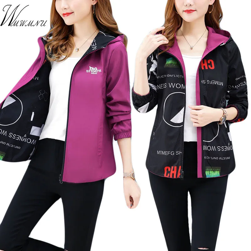 Женская ветровка на молнии Повседневная легкая куртка с капюшоном и принтом 2019 |