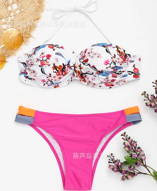 Купальник бикини с цветочным принтом без бретелек|beachwear women|beachwear swimwearbeachwear bikinis |