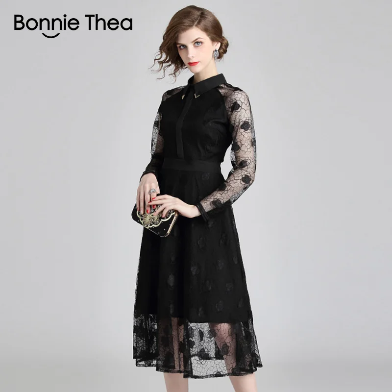 Женское черное кружевное длинное платье Bonnie Thea женское осеннее с длинным рукавом
