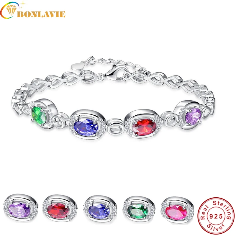 

BONLAVIE Original Pulsera Multi-color 4 pcs Gem Chain 100% 925 Sterling silver Bracelets & Bangles Garnet Wedding Jewelry Gift