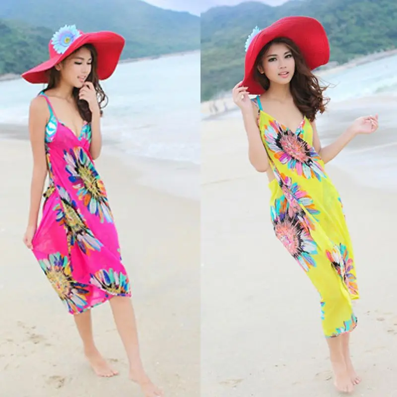 Womens Bohemian Spaghetti Strap Sexy V Neck Backless Bikini Cover Up Colored Sunflower Print Wrapped Beach Dress Bathing Suit|Женские
