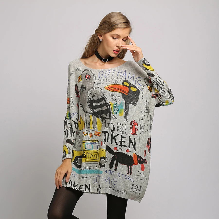 2019 Plus size Women Sweater Cartoon Printed Long Sleeve Tops O-Neck Lovely Pullovers Knitted Loose Sweaters Femel Knitwear | Женская