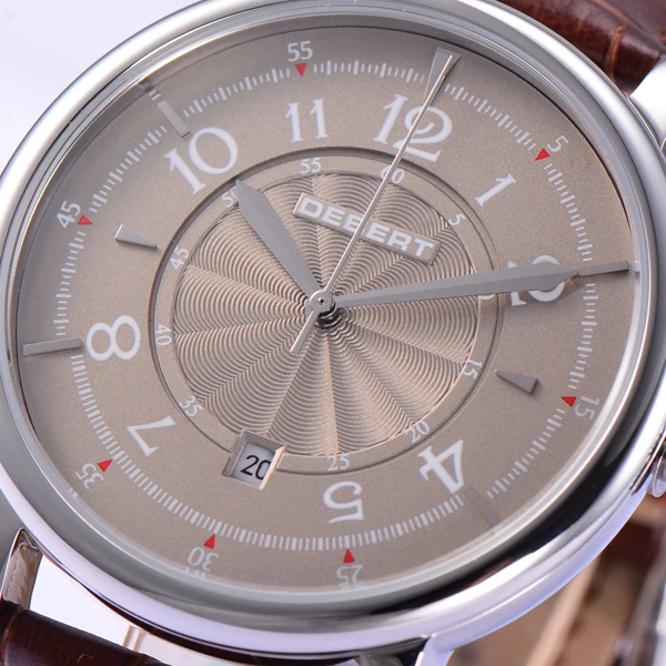 Модные Классические мужские механические часы с серым циферблатом и коричневым