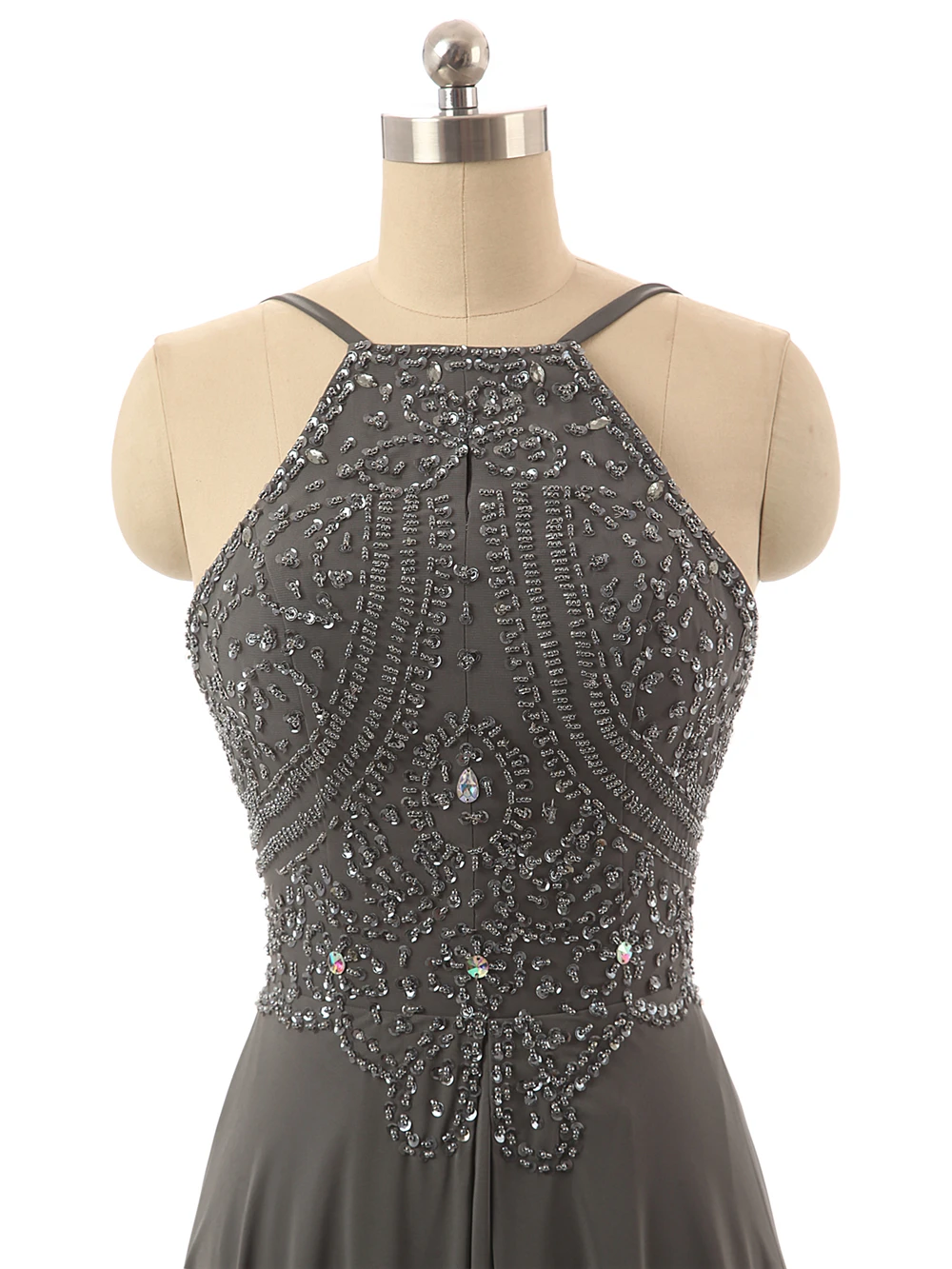 Темно серое длинное шифоновое платье с открытой спиной и лямкой на шее|backless