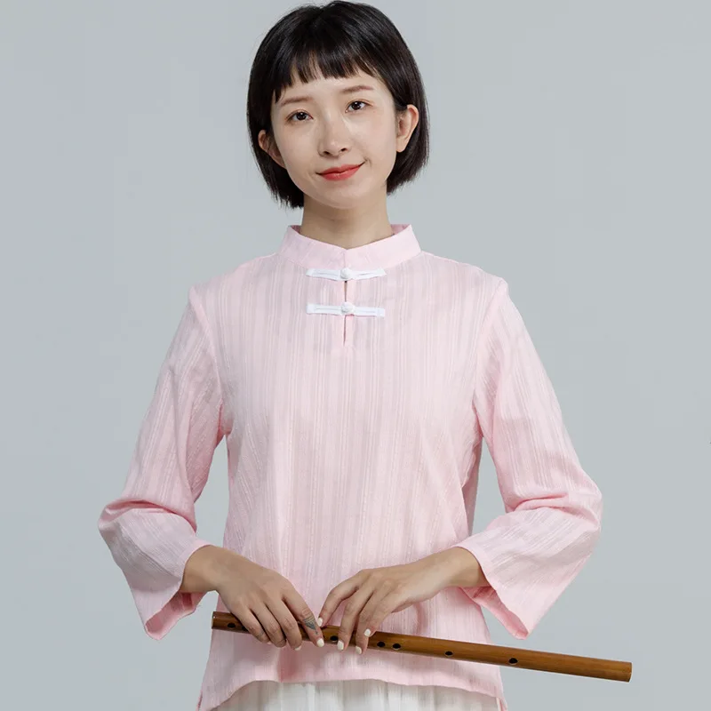 Tea Cheongsam Costume Jacket Female New Cotton Linen Plate Button Chinese Clothing Zen Service | Тематическая одежда и