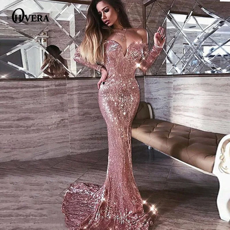 Ohvera с открытыми плечами пикантные Клубные вечерние платье Для женщин с низким вырезом на спине с длинными рукавами осеннее платье для девочек элегантное платье с сеткой и блестками макси длинные платья Vestidos
