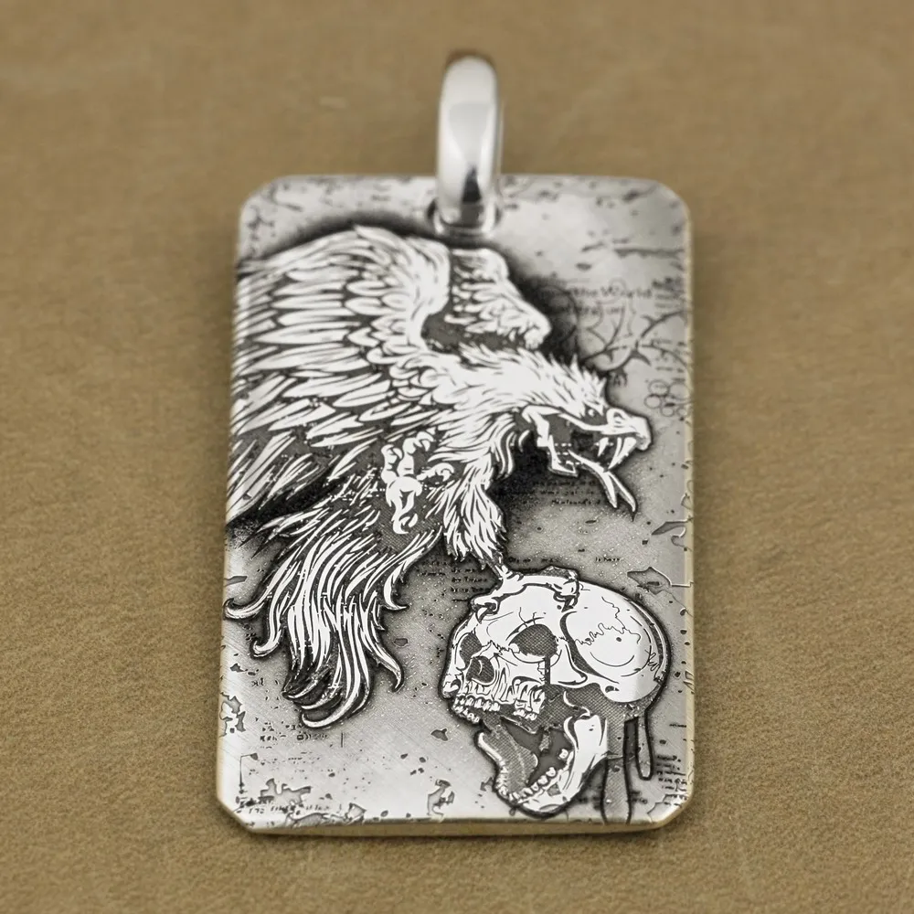 Linsion 999 серебро гриф череп dogtag мужские Байкер Панк подвеска 9x044