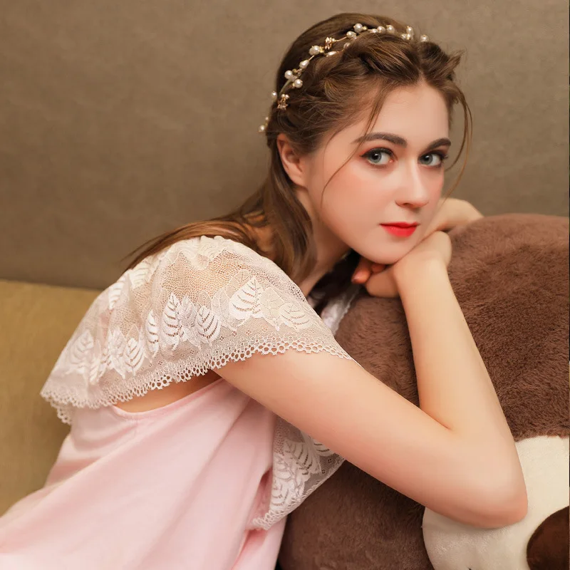 2019 Летняя женская Милая одежда для сна хлопковые ночные рубашки с кружевным v