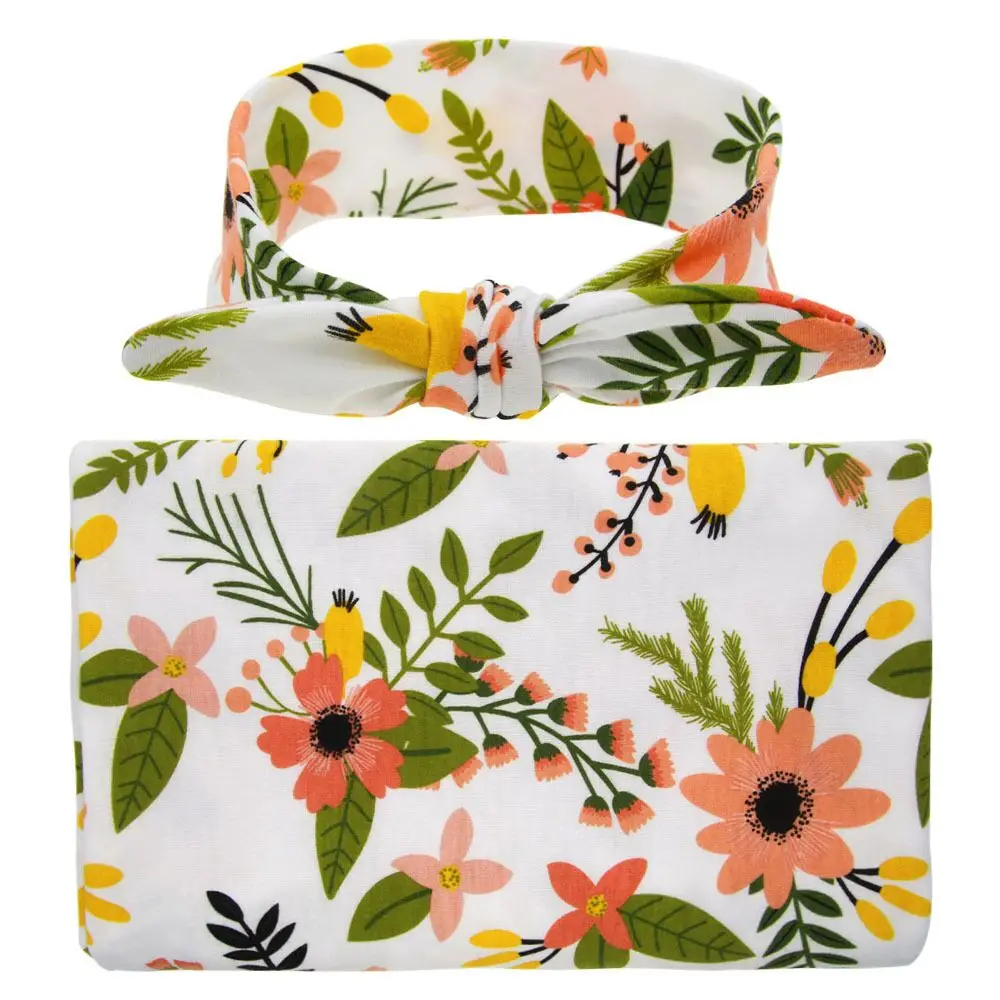Пеленальное Одеяло для новорожденных, головной убор, больничный Пеленальный набор, Цветочный детский набор пеленок, повязка на голову для фотосессии, топ с узелками - Цвет: A8