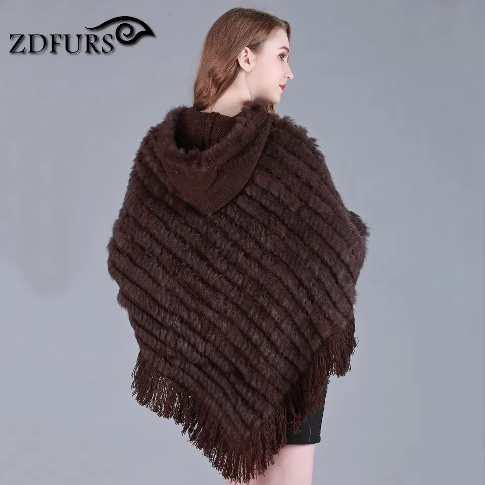 ZDFURS* Настоящее Вязаное пончо из кроличьего меха с капюшоном и кисточкой ручной работы Европейский свитер шаль оптом и в розницу ZDKR-165002