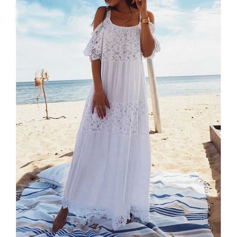 Новая кружевная хлопковая длинная Пляжная накидка Saida de Praia Sarong Vestido Плайя бикини накидка Макси Пляжные Платья Туника для пляжа