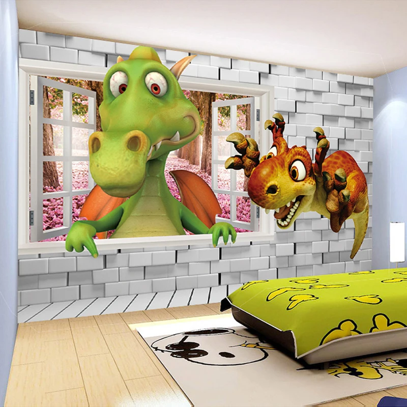Custom Photo Wallpaper 3D Cartoon Cute Dinosaur Brick Wall Children Room Bedroom Background Wall Decor Mural Wallpaper Kids