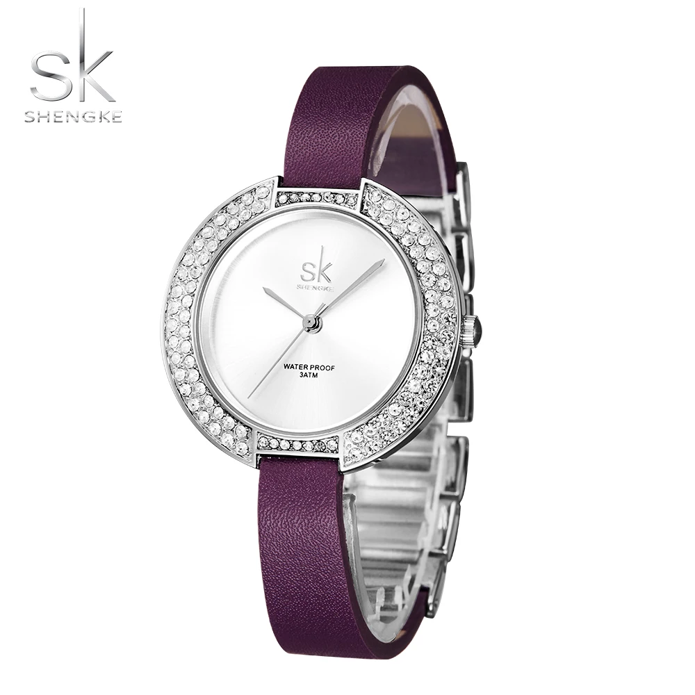 SK золотые кварцевые часы с бриллиантами и кожаным ремешком женские брендовые