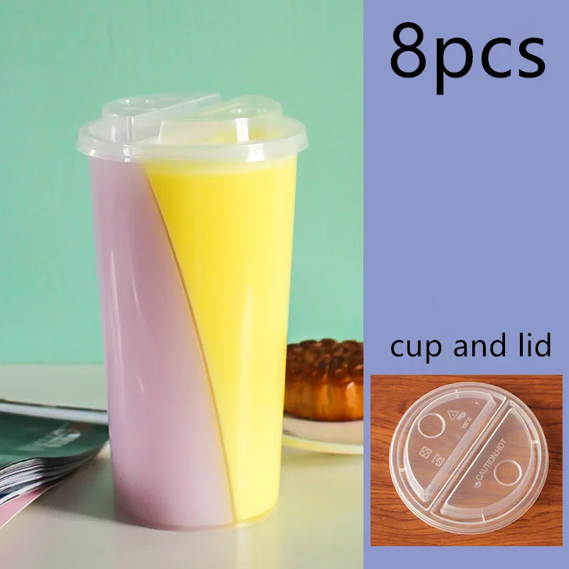 cup and lid4 8 шт двойной долей молока чай чашки одноразовые пластиковые чашки инъекции двойной зерна сок холодный напиток на вынос упаковки чашки утолщаются - Цвет: cup and lid4