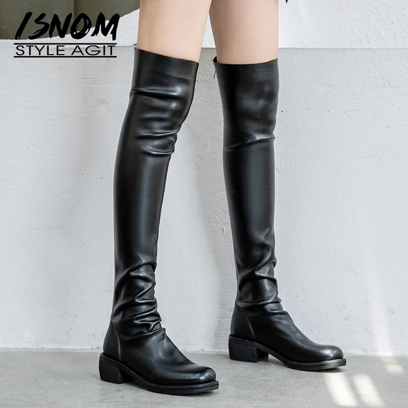 Женские ботфорты на толстом каблуке ISNOM черные мотоциклетные кожаные сапоги с