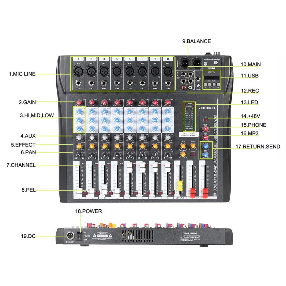 Ammoon CT80S USB 8 каналов цифровой микрофон линия аудио миксер консоль с 48В фантомная