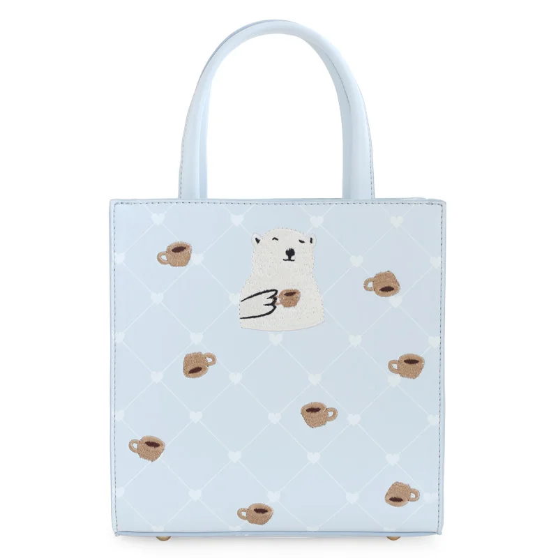 Fashion Women's PU Leather Handbags Ladies Cartoon Polar Bear Coffee Embroidery Tote Shoulder Purse Girl's Shopping Bags | Багаж и