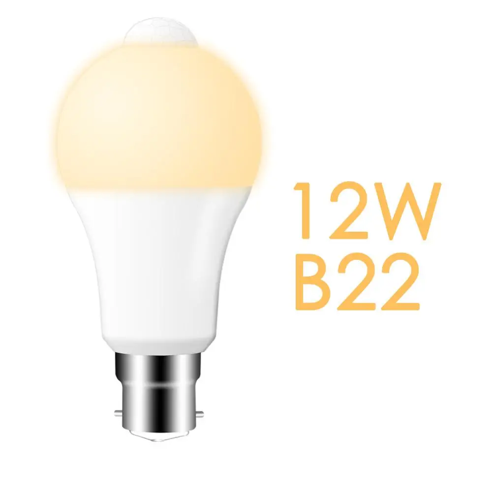 B22 12W warm white Светодиодная лампа пассивного инфракрасного движения Сенсор Лампа 220 V 110 V заката до рассвета лампочка E27 B22 IP42 с Сенсор Смарт лампочки 12Вт 18Вт оптические датчики день-ночь - Испускаемый цвет: B22 12W warm white