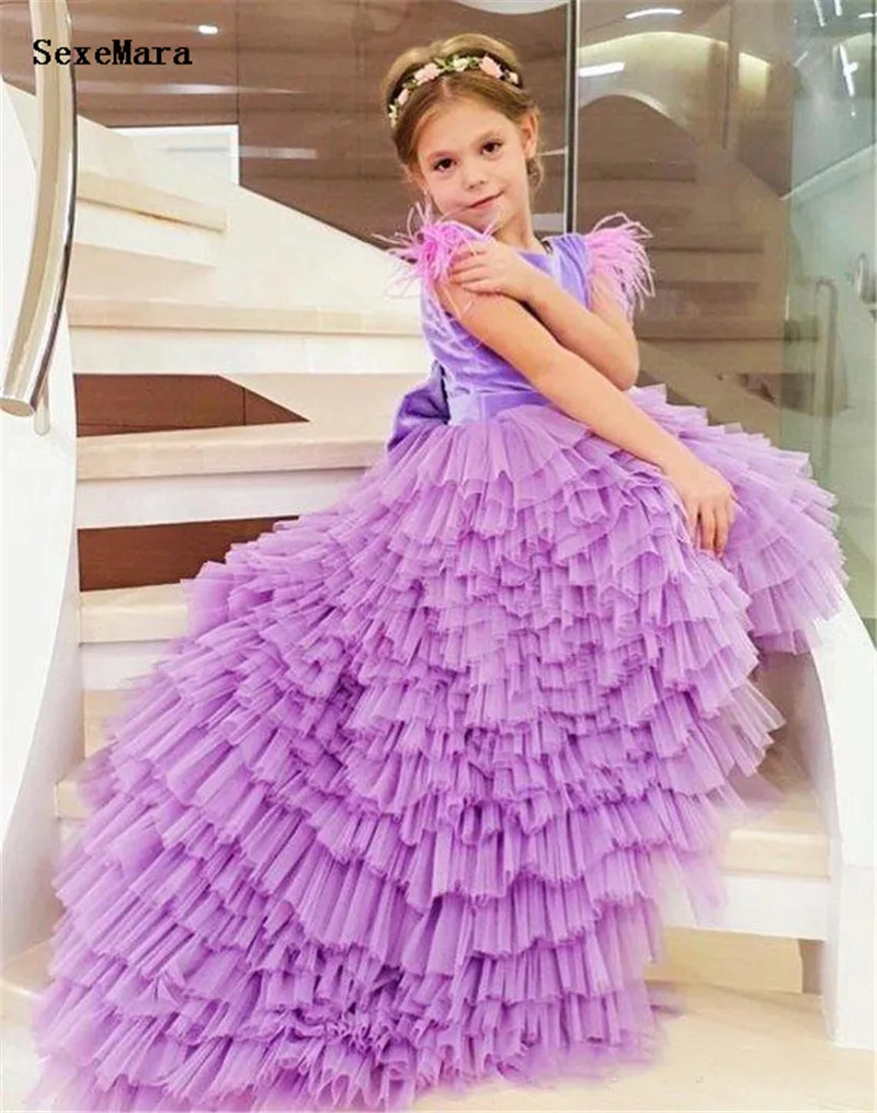 High Low Lavender Tulle Flower Girl Dress For Wedding with Bow Feathers Tiered Girls Pageant Gowns Vestidos | Детская одежда и