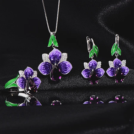 sets RainMarch эмаль Серебряные серьги в форме цветка кулон кольцо набор украшений для женщин 925 пробы Серебряное ожерелье Кулон Свадебные ювелирные изделия - Окраска металла: sets