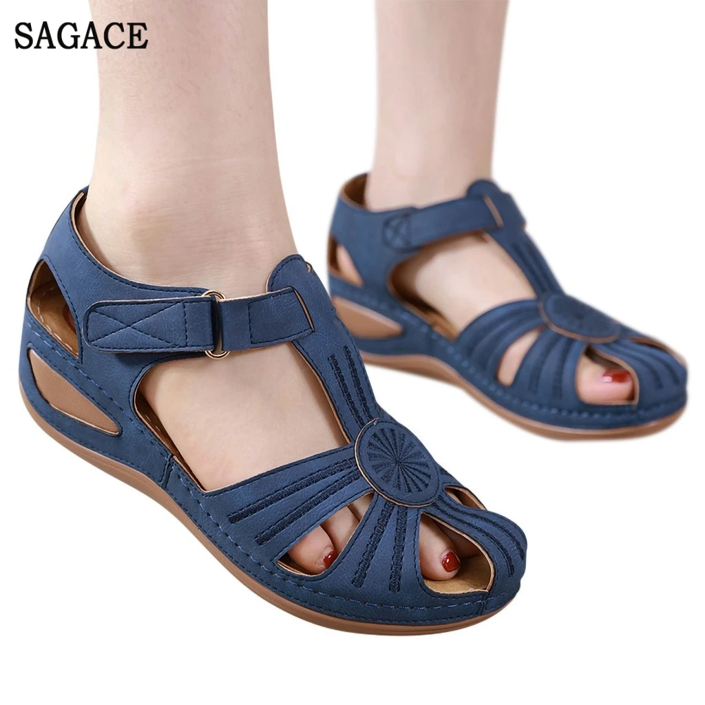 SAGACE/летние женские сандалии в римском стиле с круглым носком однотонные туфли на танкетке