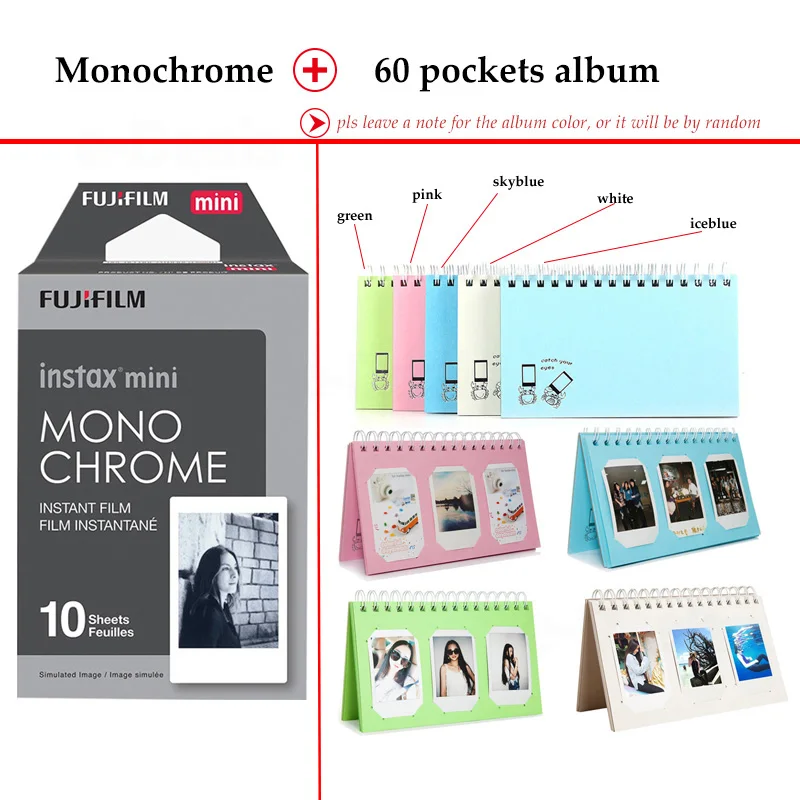 Fujifilm Instax Мини пленка монохромная 10 листов для Instax Mini 9 8 7 s 70 90 25 мгновенный Polariod камера принтер для смартфонов SP-2 1 - Цвет: Film and 60P Album