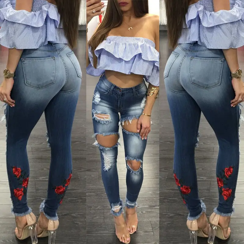 2017 новое поступление женские рваные Стретч Джинсы скинни с высокой талией модные