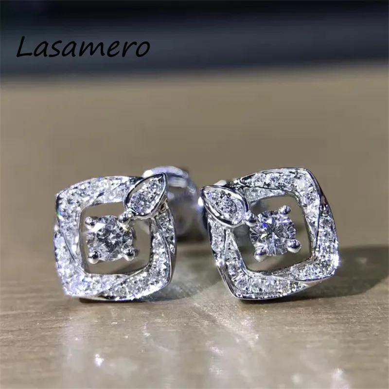 LASAMERO 0.138CTW круглые серьги-гвоздики с натуральным бриллиантом и квадратным